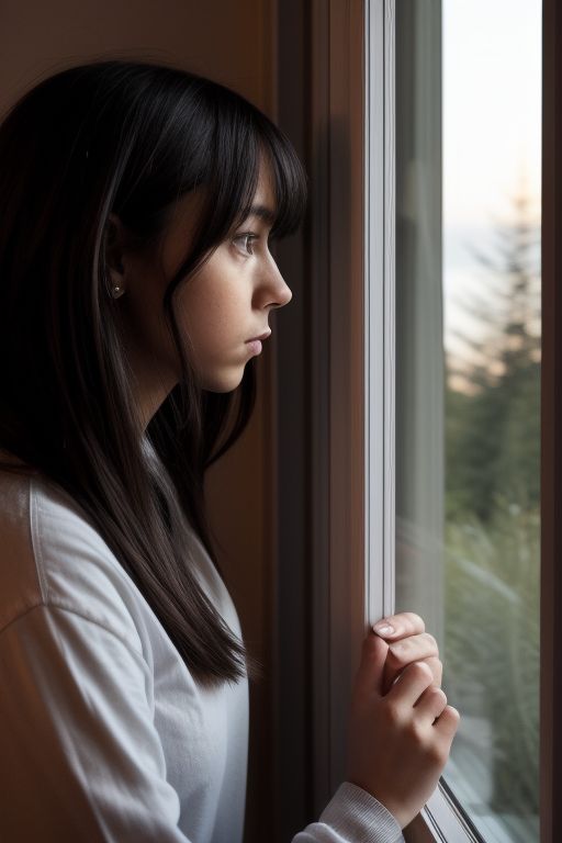 sad female looking out window